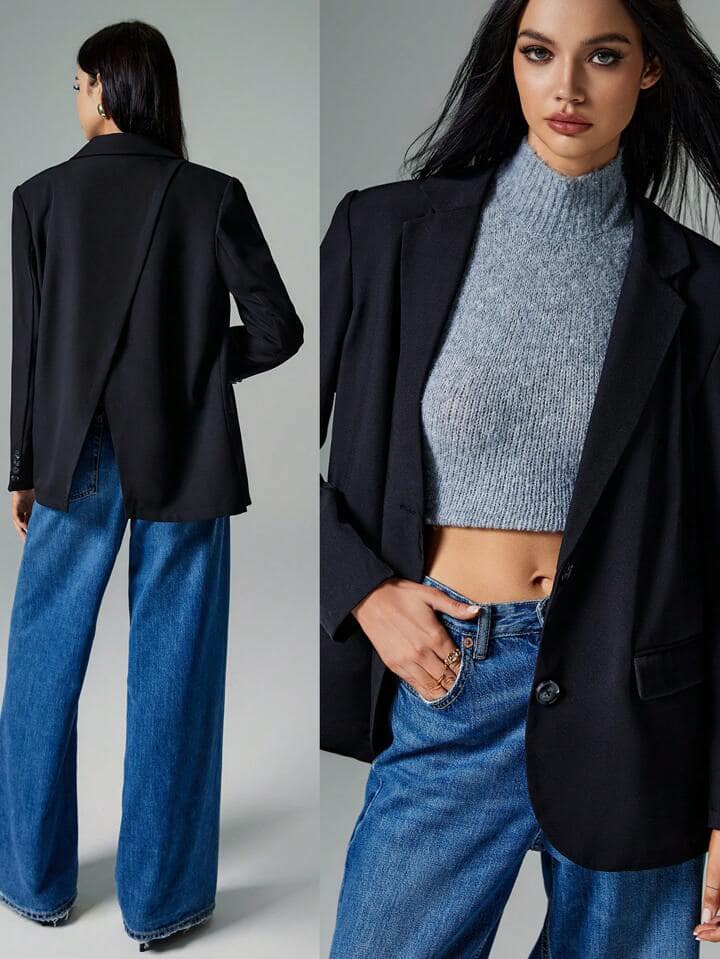 CM-CS671426 Women Casual Seoul Style Lapel Single Button Oversized Blazer - Black