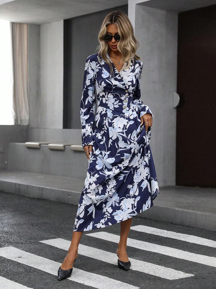 CM-DS189104 Women Elegant Seoul Style Floral Print Wrap Front Cinched Waist Button Dress