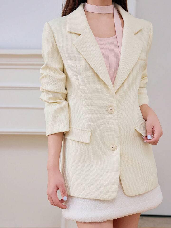 CM-CS583784 Women Elegant Seoul Style Solid Color Notch Lapel Long Sleeve Blazer - Apricot