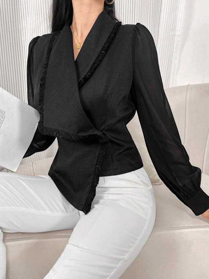 CM-CS946199 Women Casual Seoul Style Solid Color Crisscross Wrap Shawl Collar Long Sleeve Blazer