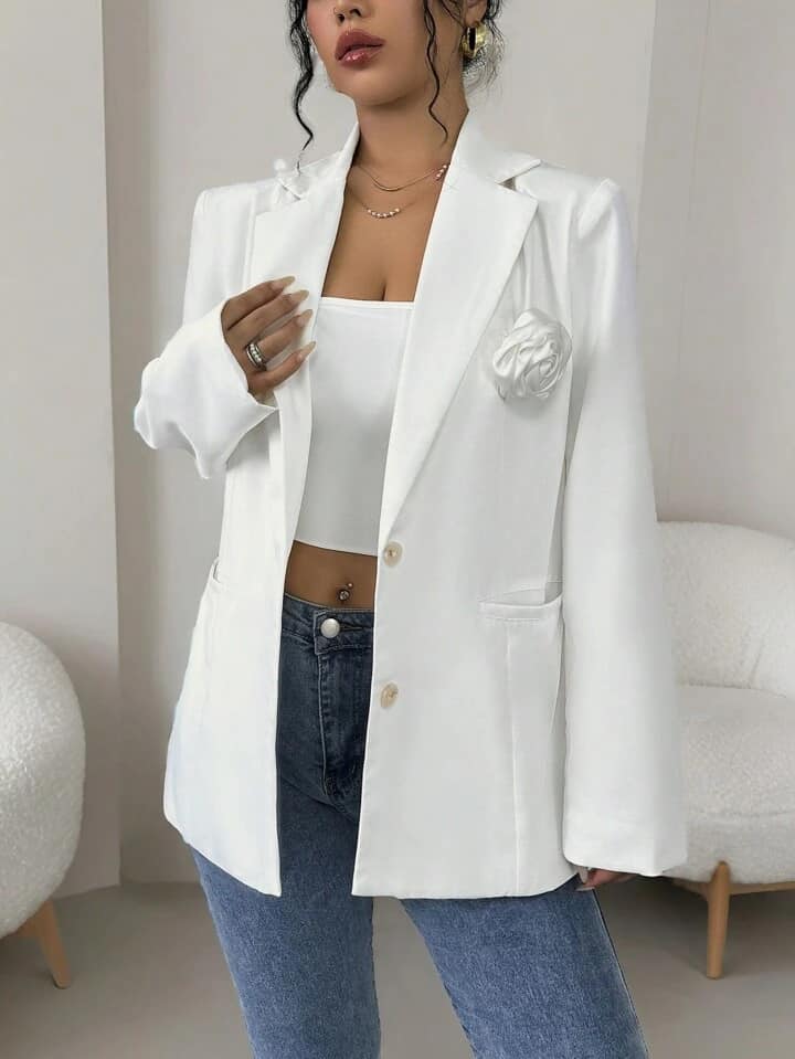 CM-CS775817 Women Casual Seoul Style Lapel Neckline 3D Floral Blazer Jacket - White