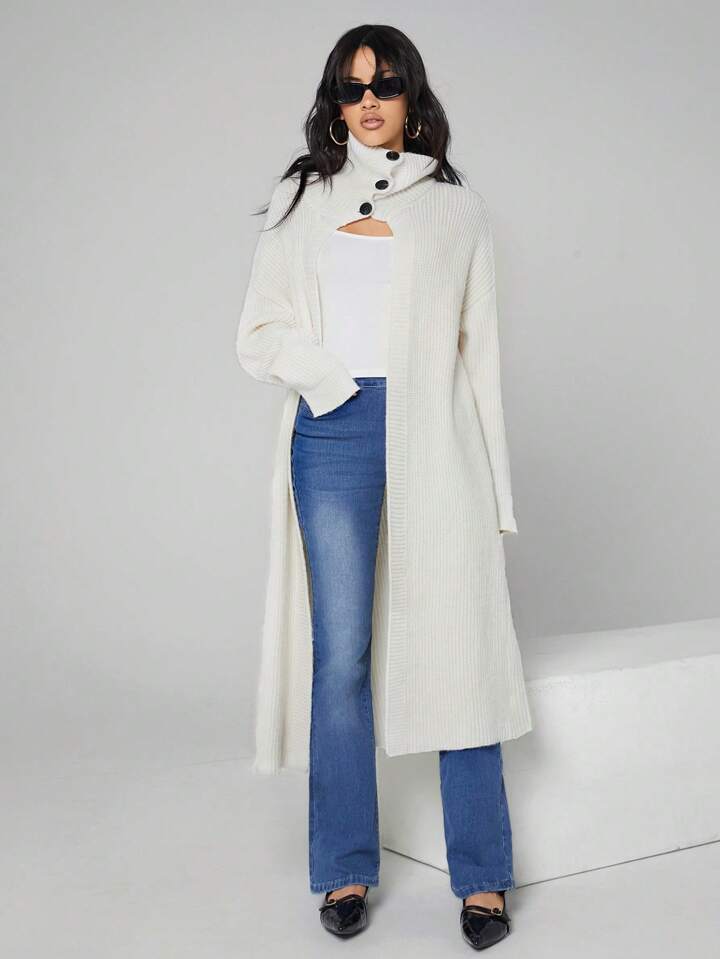 CM-CS067304 Women Casual Seoul Style Solid Color Drop Shoulder Long Sleeve Cardigan - Apricot