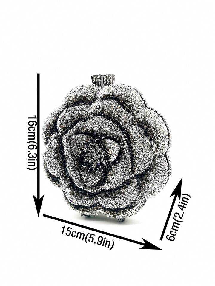 CM-BGS087877 Women Elegant Seoul Style Floral Design Rhinestone Crystal Handmade Clutch Bag - Black
