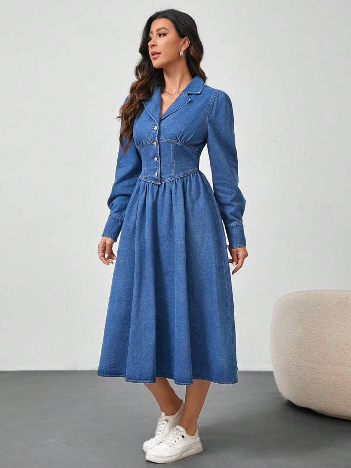 CM-DS477719 Women Casual Seoul Style Loose Long Sleeve Mid-Length Denim Dress - Blue