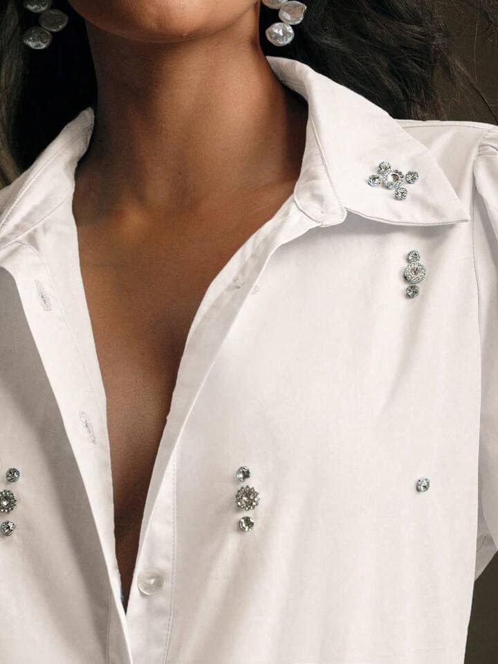 CM-TS132479 Women Elegant Seoul Style Long Sleeve Rhinestone Button Blouse - White