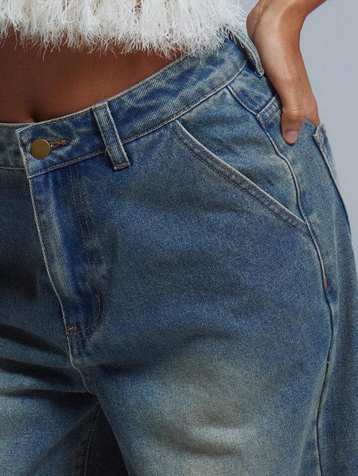 CM-BS161196 Women Casual Seoul Style Ultra Low Waist Wide Leg Washed Denim Jeans