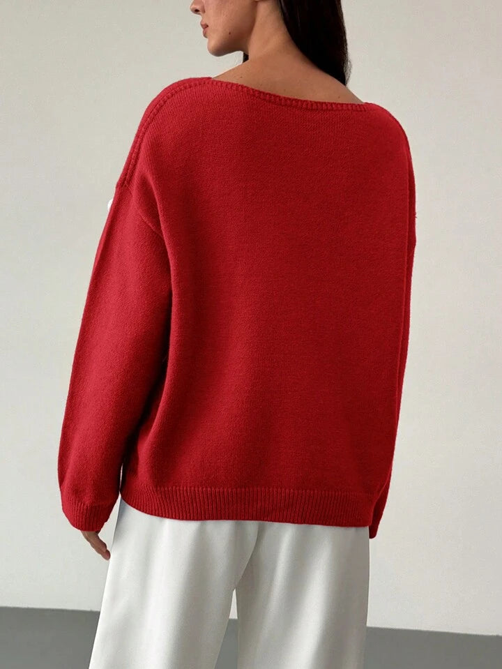 CM-CS900110 Women Casual Seoul Style 3D Floral Decoration Loose Fit Long Sleeve Sweater - Red