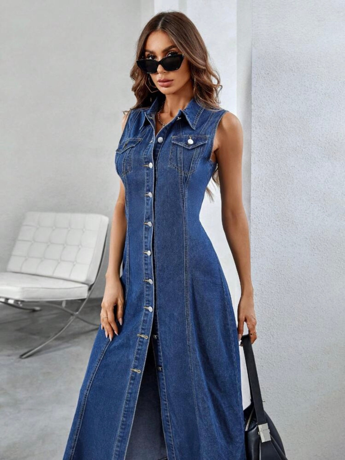 CM-DS254129 Women Casual Seoul Style Sleeveless Flap Pocket Button Front Denim Dress - Blue
