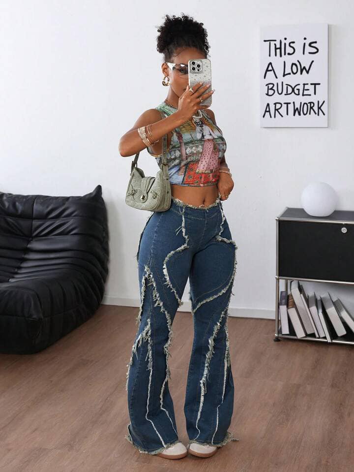 CM-BS066455 Women Casual Seoul Style Drop Waist Frayed Hem Flared Jeans - Blue