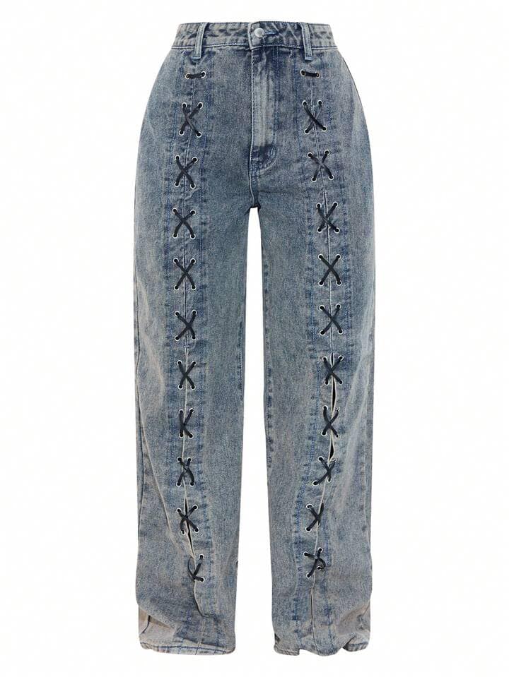 CM-BS549708 Women Casual Seoul Style Criss-Cross Stitched High Waist Straight-Leg Jeans