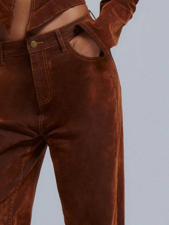CM-BS826719 Women Casual Seoul Style Low Rise Straight Leg Faux Suede Jeans - Bronze