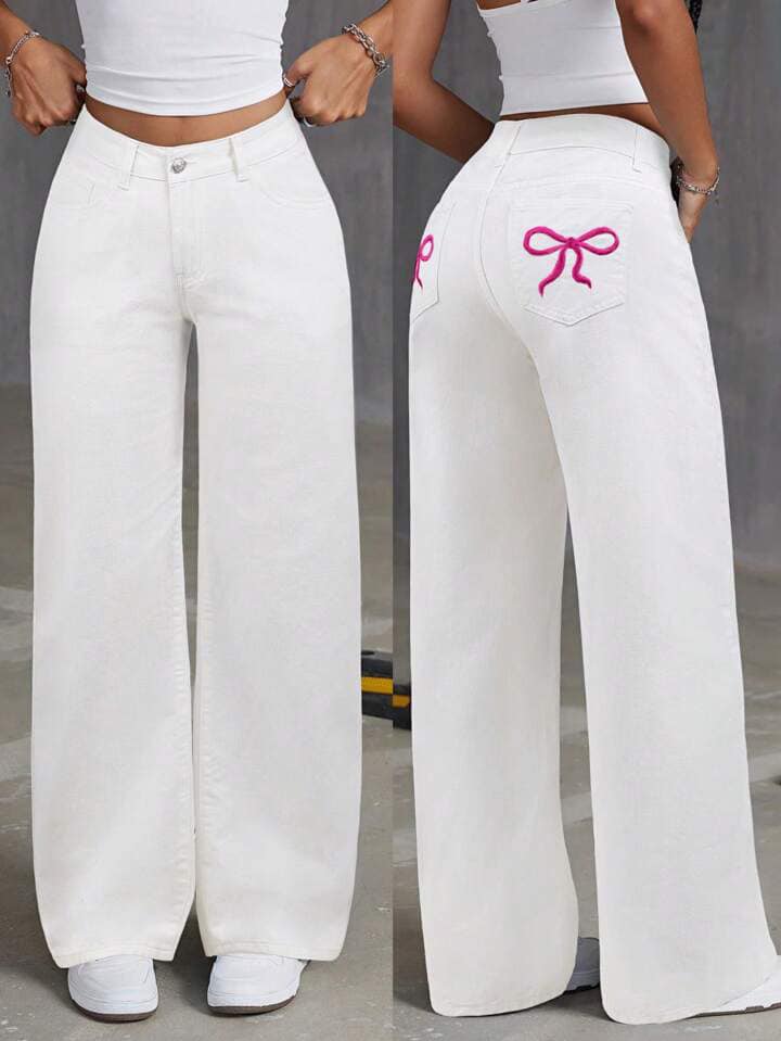 CM-BS761692 Women Casual Seoul Style Embroidery Bow Loose Wide-Leg Denim Pants - White