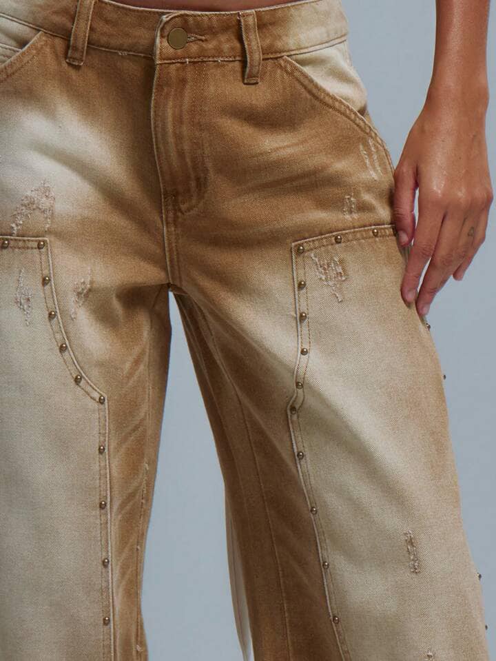 CM-BS439277 Women Casual Seoul Style Acid Wash Straight Leg Studded Panel Jeans