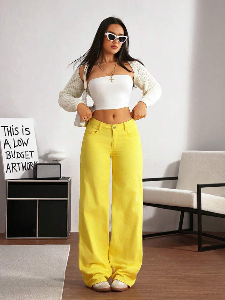 CM-BS332267 Women Casual Seoul Style Drop Waist Wide Leg Loose Denim Jeans - Yellow