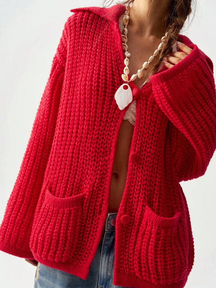CM-CS604003 Women Trendy Bohemian Style Solid Color Long Sleeve Cardigan Sweater - Red