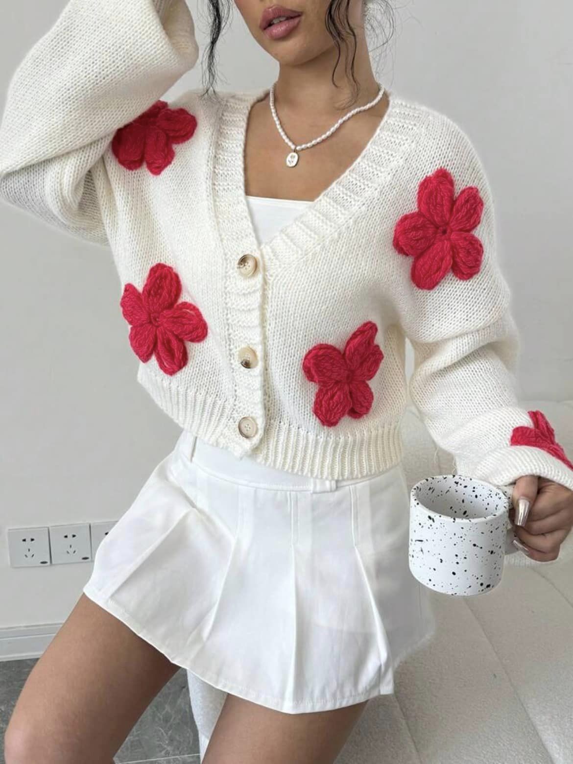 CM-CS833495 Women Casual Seoul Style Floral Print Color Blocking Long Sleeve Cardigan