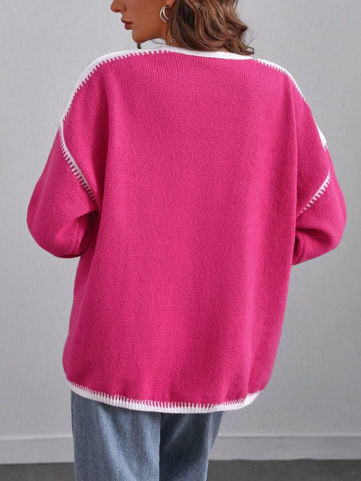 CM-CS456297 Women Casual Seoul Style Oversized Ribbed Trim Dolman Sleeve Cardigan - Hot Pink