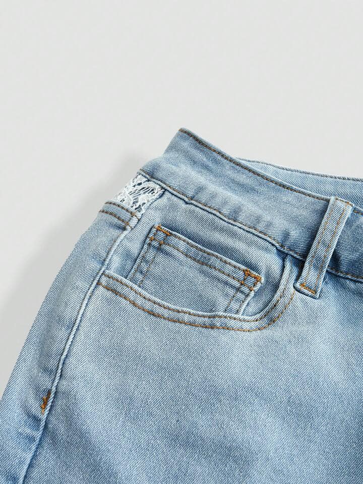 CM-BS980155 Women Casual Seoul Style Lace Ribbon Tie Flare Leg Denim Jeans - Blue