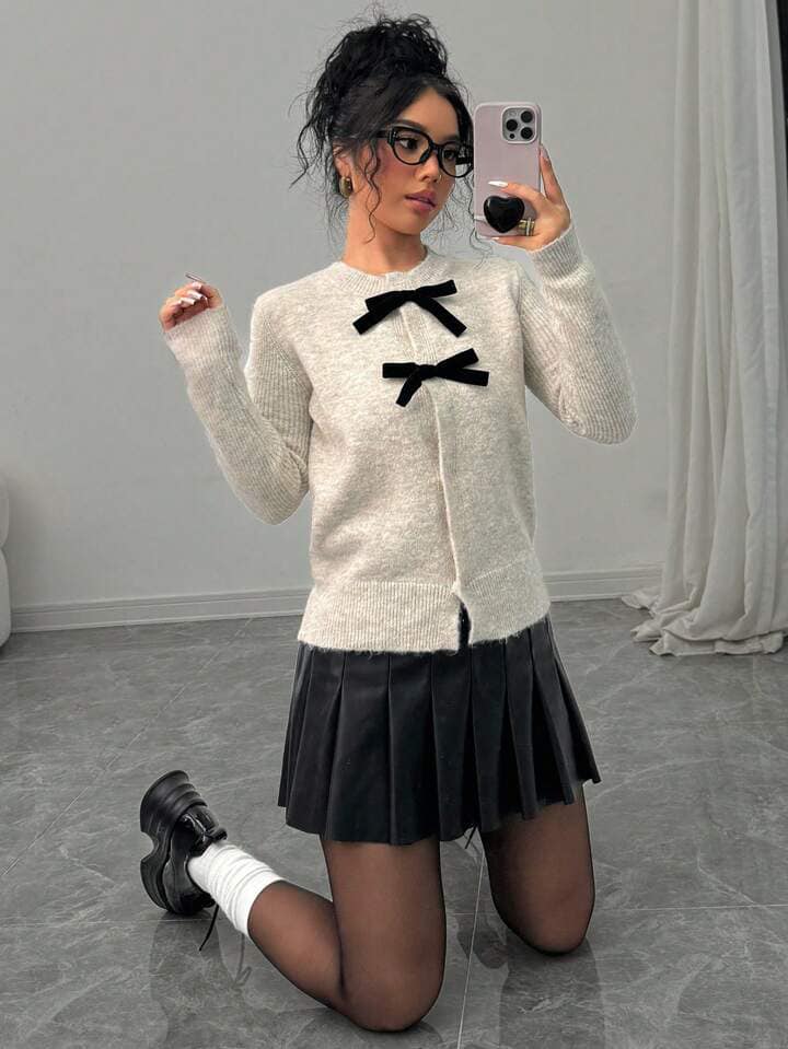 CM-CS140608 Women Casual Seoul Style Bow Decor Button Front Cardigan Sweater - Apricot