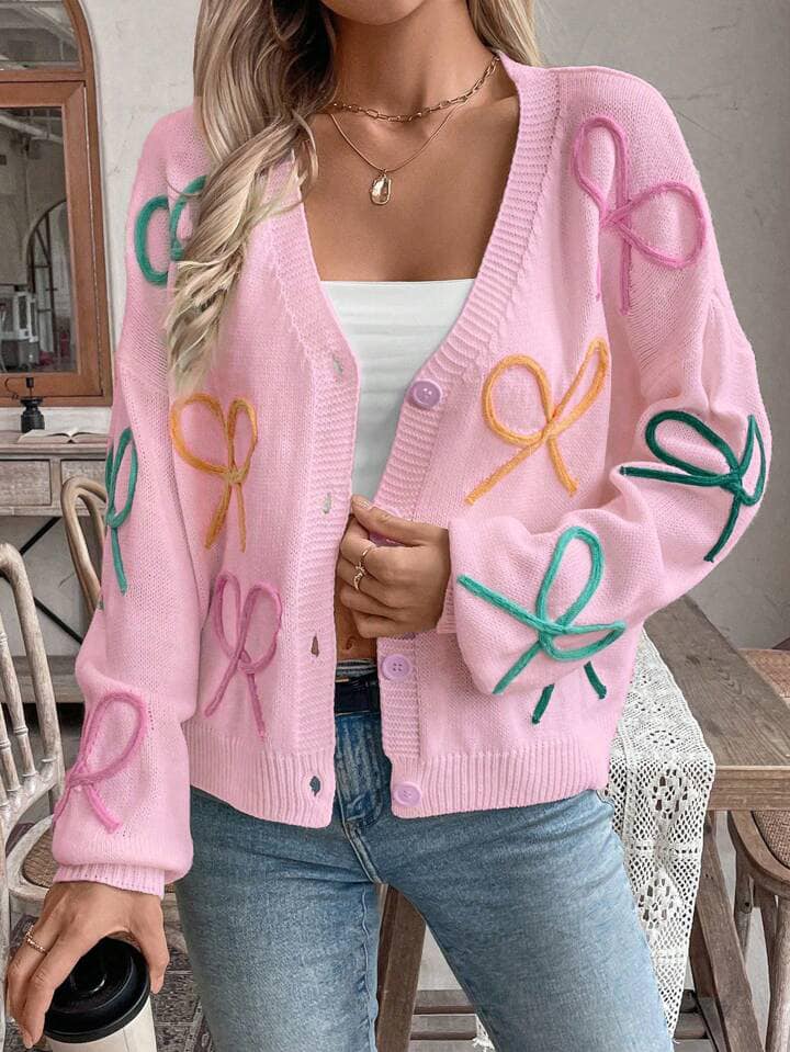 CM-CS089608 Women Casual Seoul Style Colorful Bow Knit Long Sleeve Cardigan - Pink
