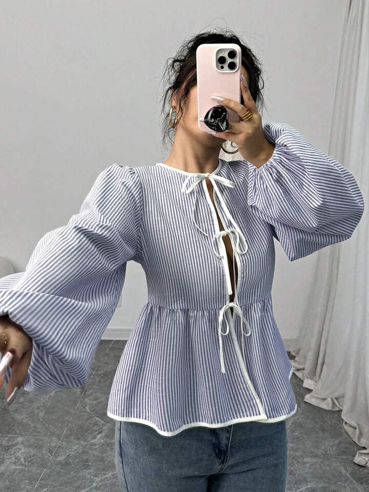 CM-TS132838 Women Casual Seoul Style Front Tie Long Sleeve Pleated Stripe Shirt - Blue