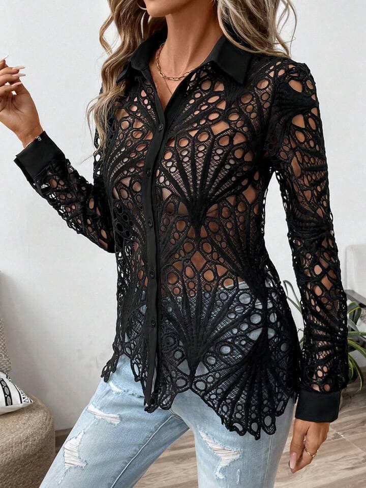 CM-TS461786 Women Casual Seoul Style Collar Neckline Drop Shoulder Lace Sheer Shirt - Black