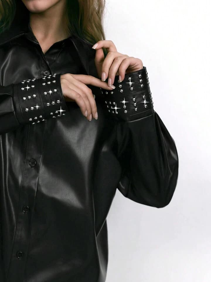 CM-TS366066 Women Elegant Seoul Style PU Leather Sleeve Pearl Decor Drop Shoulder Long Sleeve Shirt