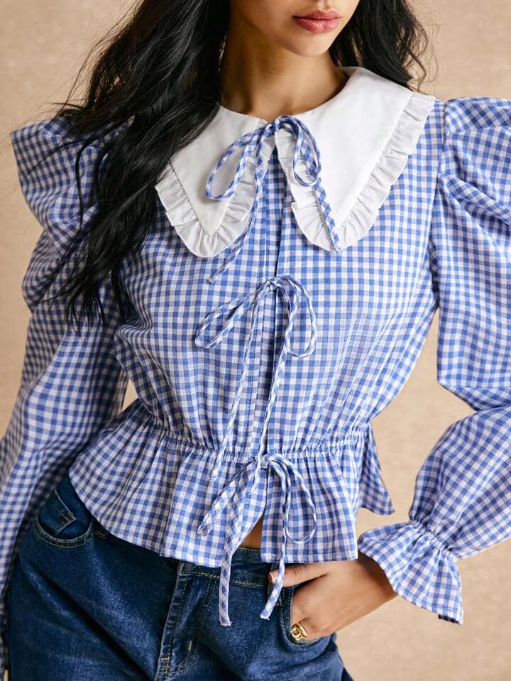 CM-TS885491 Women Casual Seoul Style Color Blocking Peter Pan Collar Gigot Sleeve Tie-Up Shirt