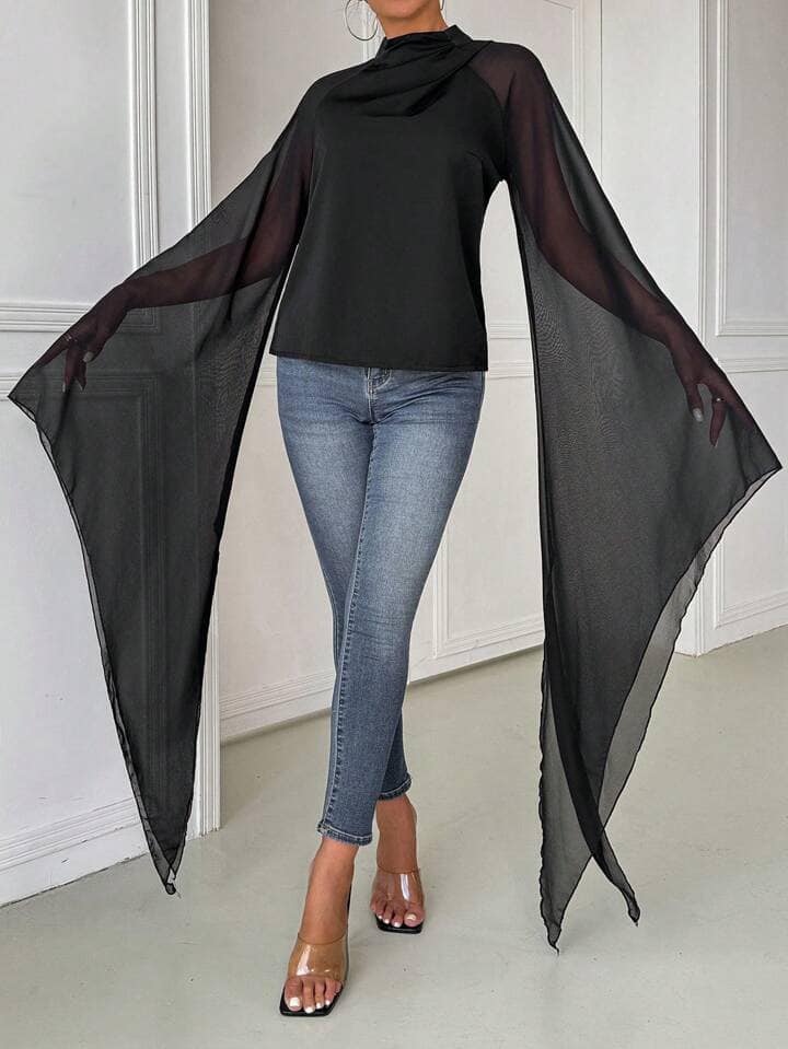 CM-TS992153 Women Casual Seoul Style Stand Collar Solid Color Batwing Sleeve Blouse - Black