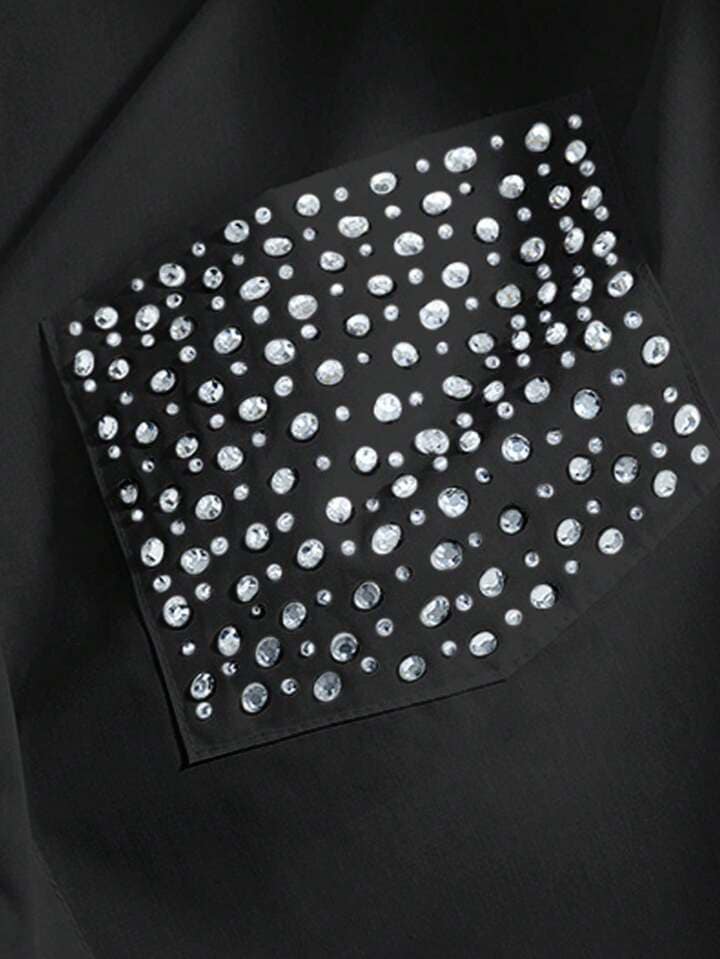 CM-TS337368 Women Casual Seoul Style Diamond Embellished Cut-Out Front Long Sleeve Shirt - Black