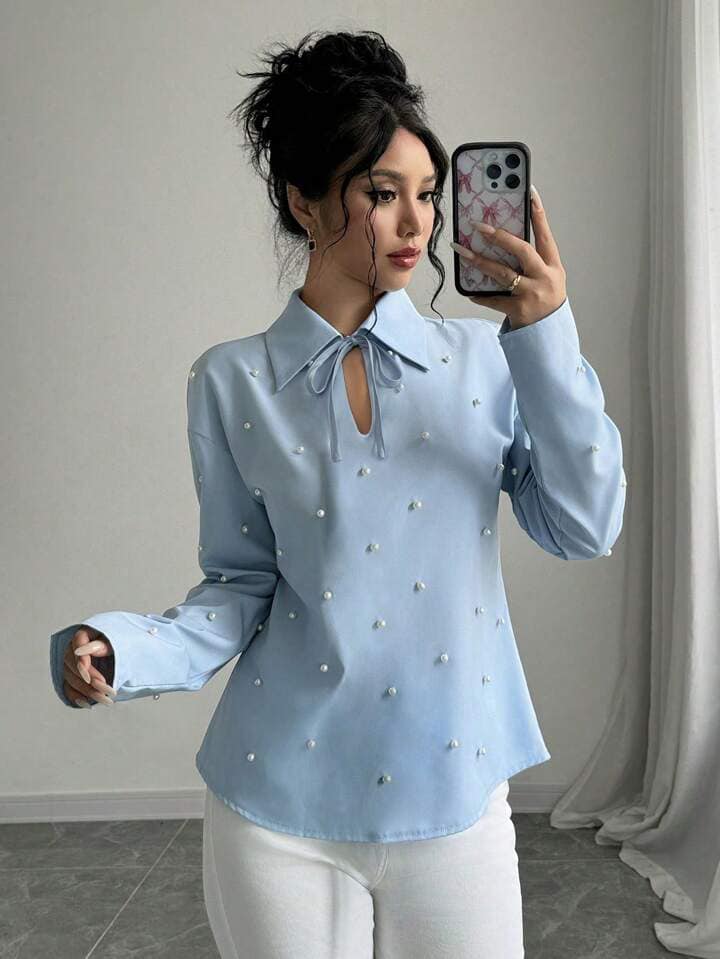 CM-TS694707 Women Elegant Seoul Style Tie Neck Pearl Embellished Long Sleeve Blouse - Blue