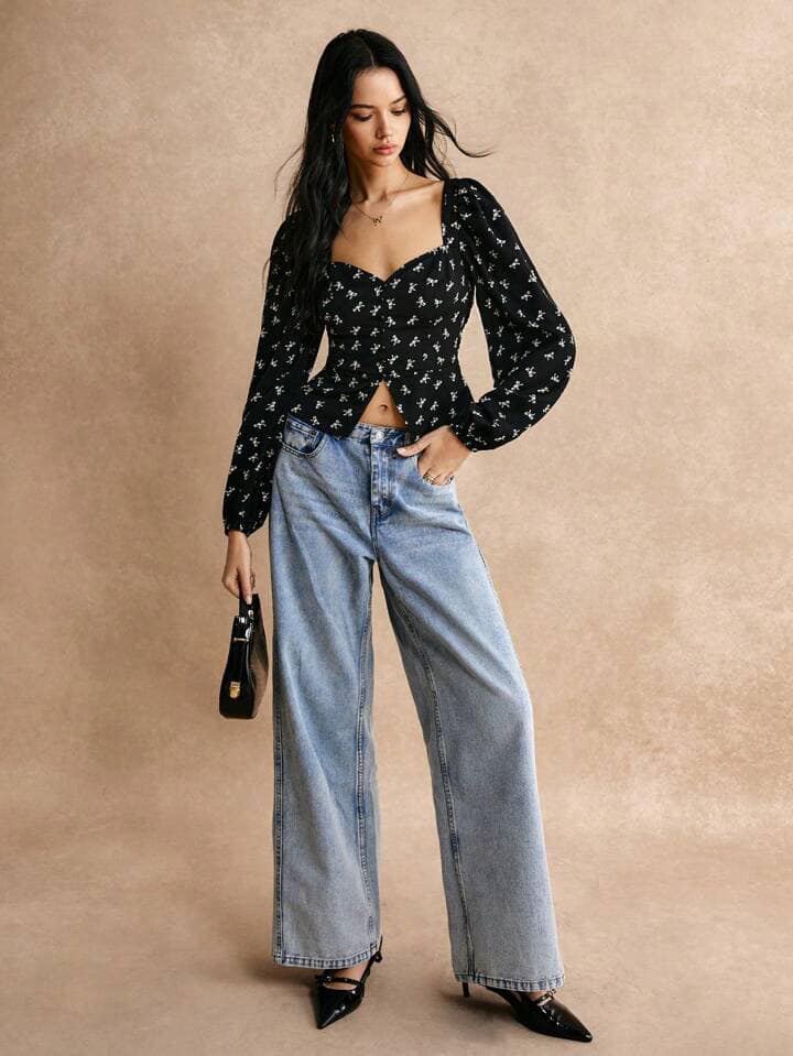 CM-TS388142 Women Casual Seoul Style Bow Print Sweetheart Collar Long-Sleeved Shirt - Black
