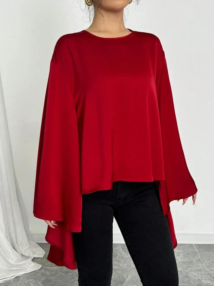 CM-TS006314 Women Casual Seoul Style Solid Color Mandarin Collar Front Short Back Long Blouse