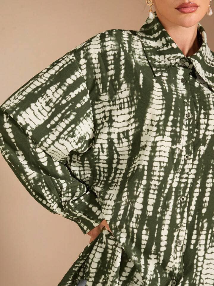 CM-TS240155 Women Casual Seoul Style Tie-Dye Pattern Collar Neckline Long Sleeve Loose Blouse