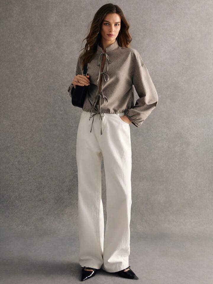 CM-TS599053 Women Casual Seoul Style Solid Color Stand Collar Tie-Up Lantern Sleeve Blouse