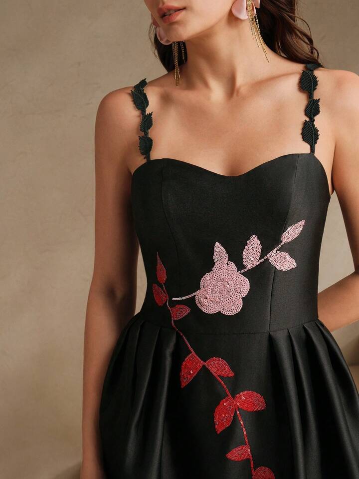 CM-DS086002 Women Elegant Seoul Style Sequin Floral Decor Sleeveless High Waist Long Dress - Black