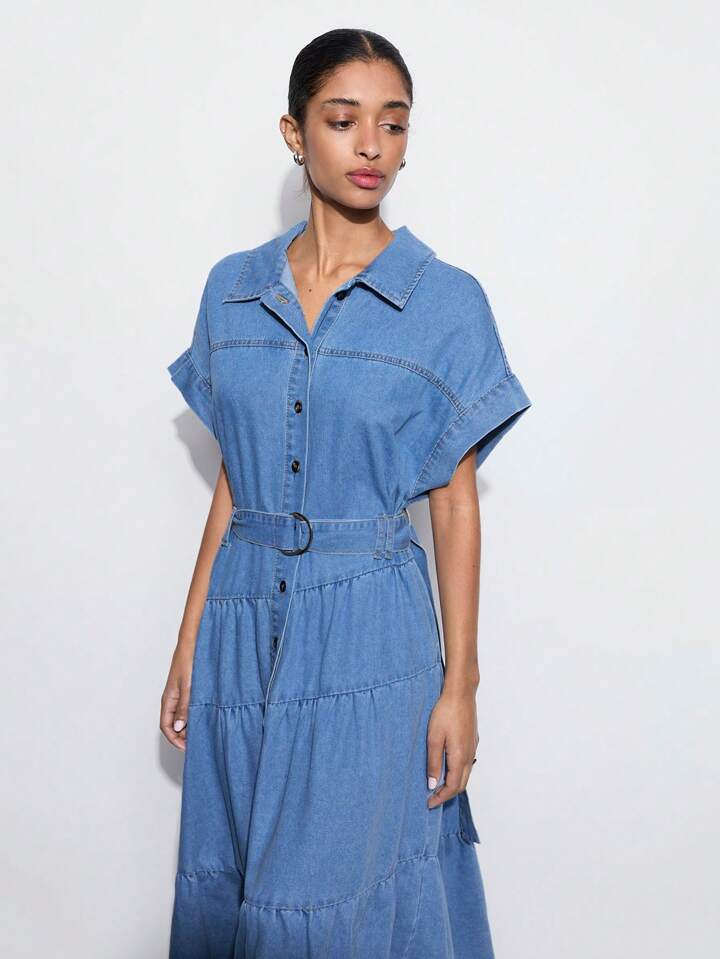 CM-DS583059 Women Casual Seoul Style Medium Wash Collar Neckline Batwing Sleeve Loose Denim Dress