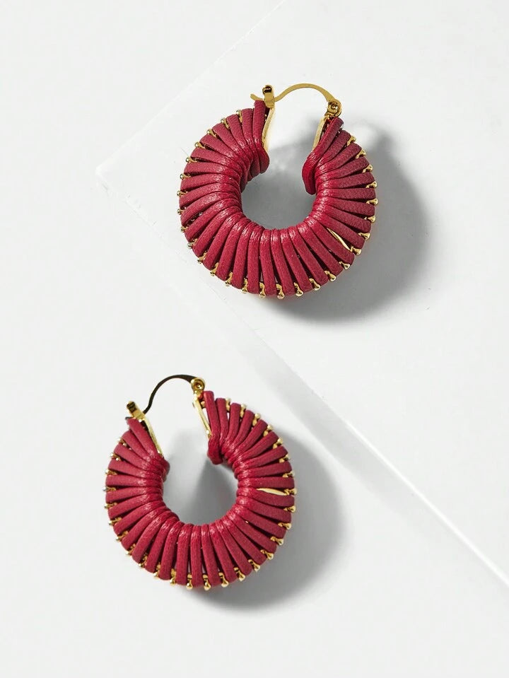 CM-AXS885823 Women Trendy Seoul Style 18K Gold Plated Red PU Leather Braided Hoop Earrings