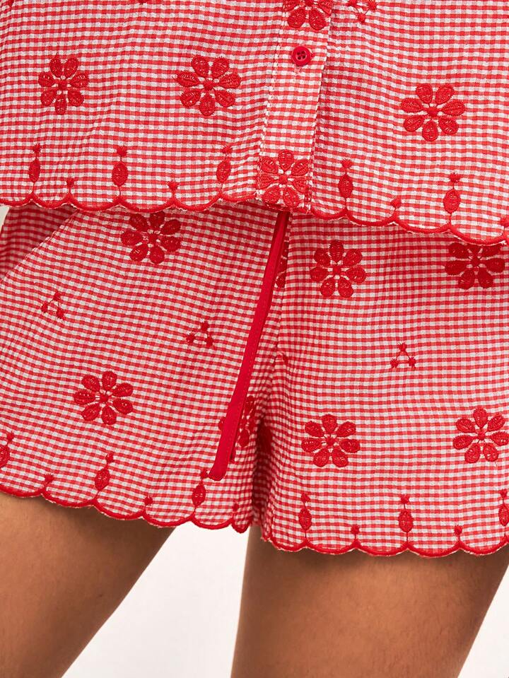 CM-SS433019 Women Trendy Bohemian Style Plaid Floral Embroidered Short-Sleeve Shirt With Shorts - Set