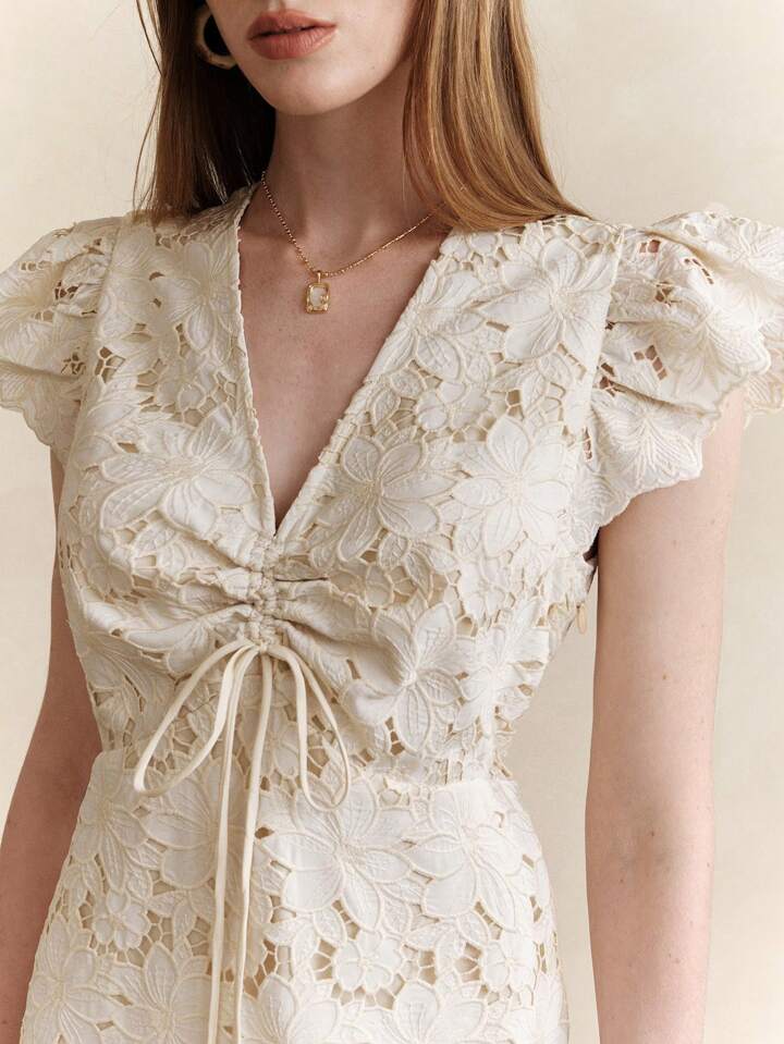 CM-DS803311 Women Elegant Seoul Style Lace Embroidered Hollow-Out V-Neck Ruched Waist Maxi Dress - Apricot