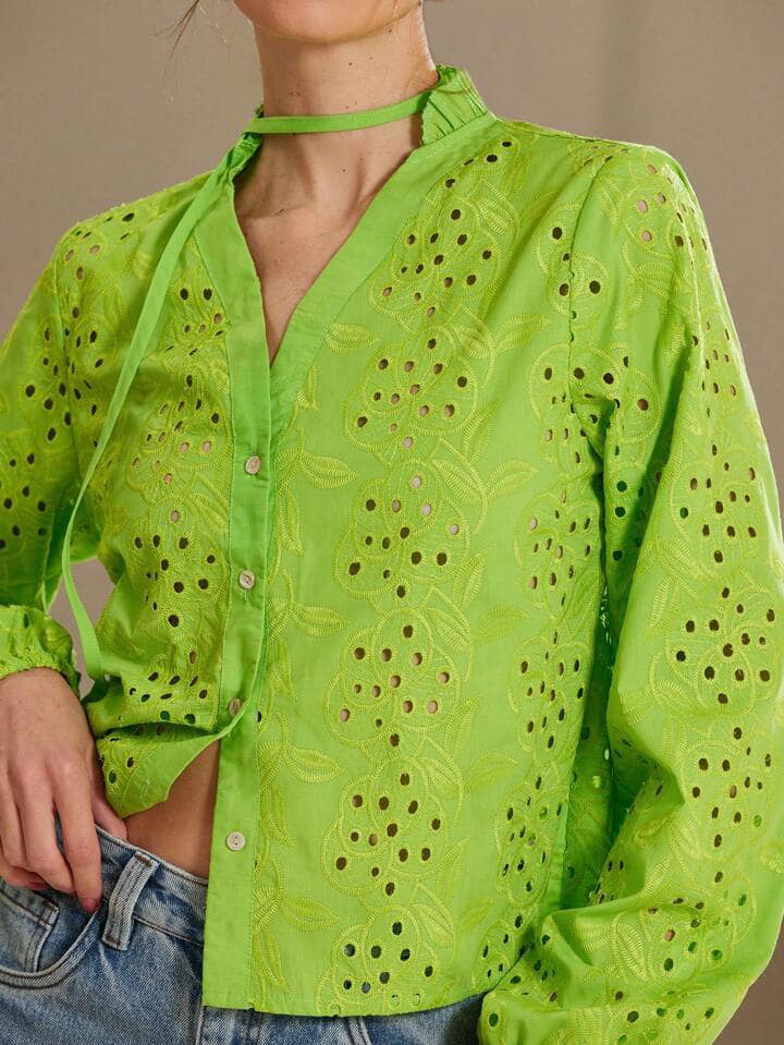 CM-TS799145 Women Trendy Bohemian Style V-Neck Hollow Embroidered Lantern Sleeve Tie Hem Blouse