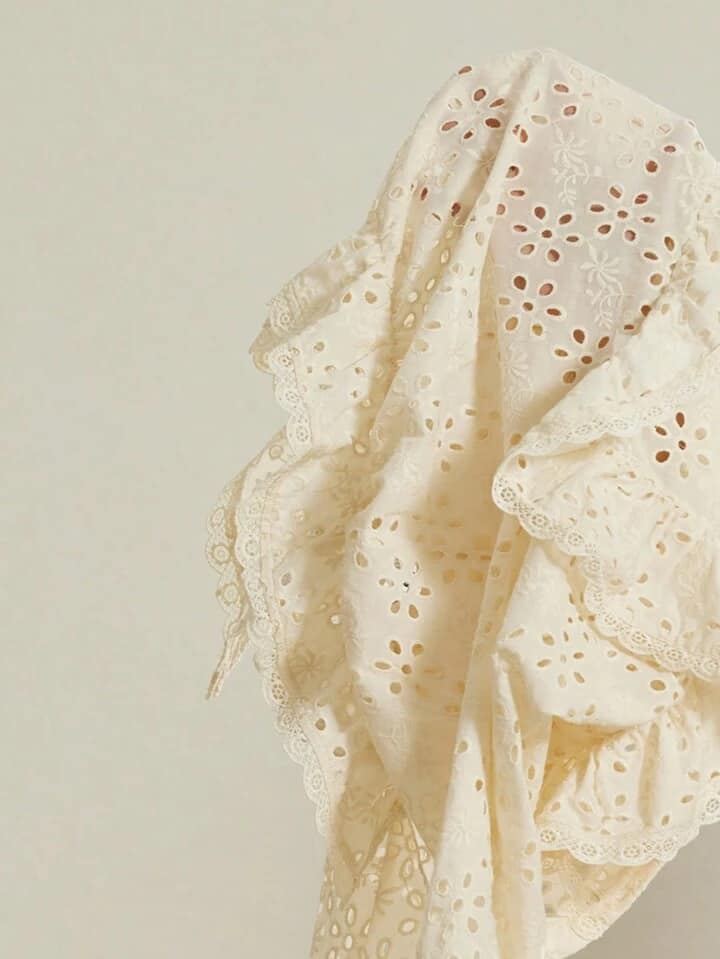 CM-TS477171 Women Elegant Seoul Style Embroidered Eyelet Ruffled Collar Long Sleeve Blouse - Apricot