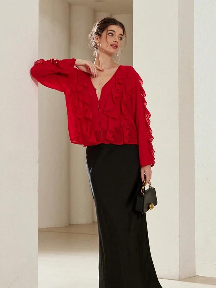 CM-TS974718 Women Elegant Seoul Style Chiffon V-Neck Button Layered Ruffle Long Sleeve Blouse - Red