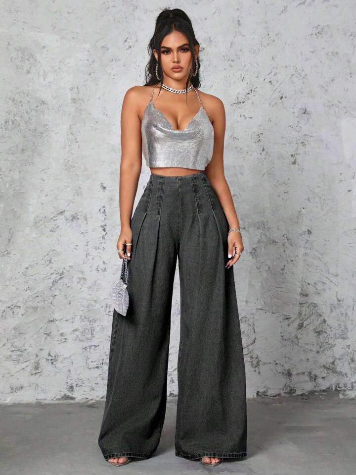 CM-BS521123 Women Casual Seoul Style High Waist Fold Pleated Ultra Wide-Leg Jeans - Dark Gray