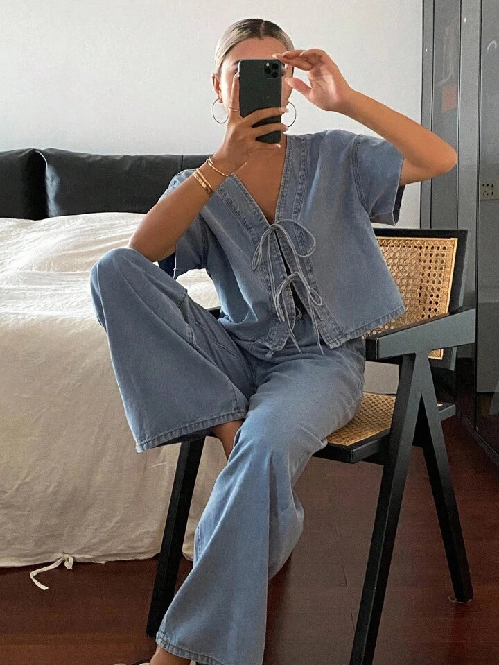 CM-SS335735 Women Casual Seoul Style Short Sleeve Tie Front Top With Loose Fit Denim Pants - Set
