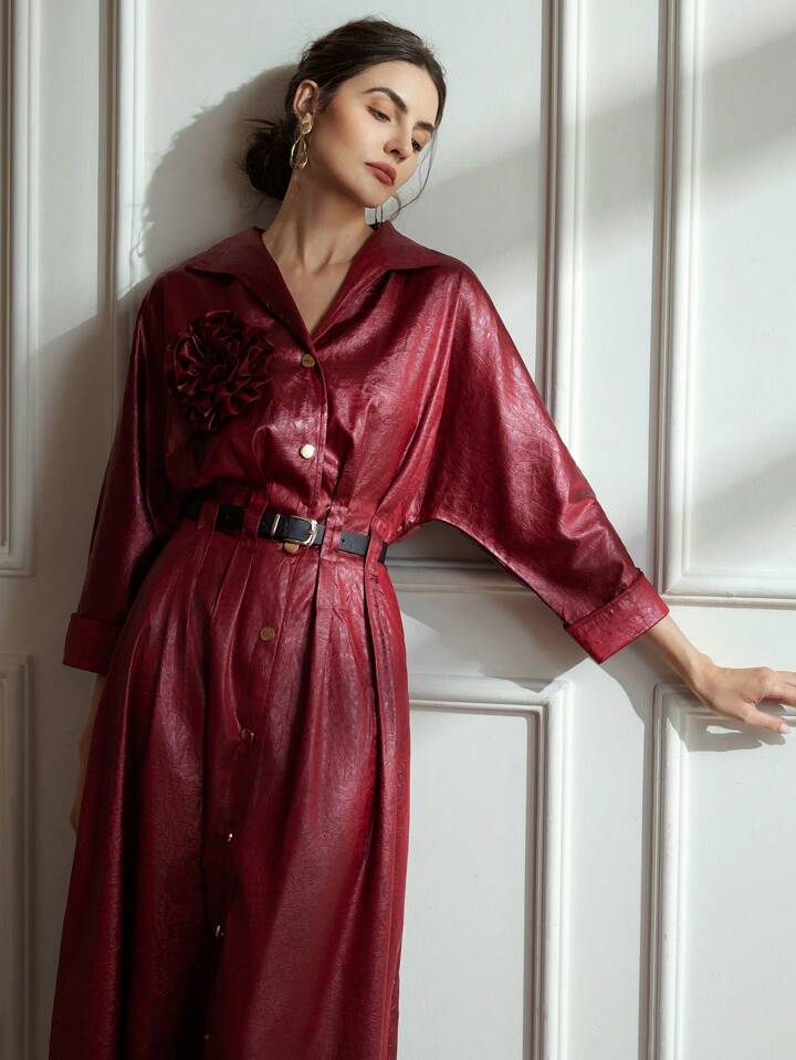 CM-DS128383 Women Elegant Seoul Style 3D Floral CollarMetallic Button Drop Shoulder Shiny Dress - Red