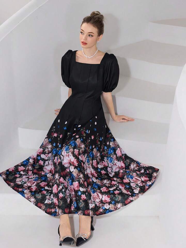 CM-DS656340 Women Elegant Seoul Style Square Neck Puff Sleeve Floral Print Midi Dress - Black