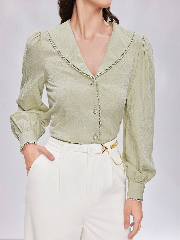 CM-TS417932 Women Elegant Seoul Style Shawl collar Lantern Sleeve Shirt - Green