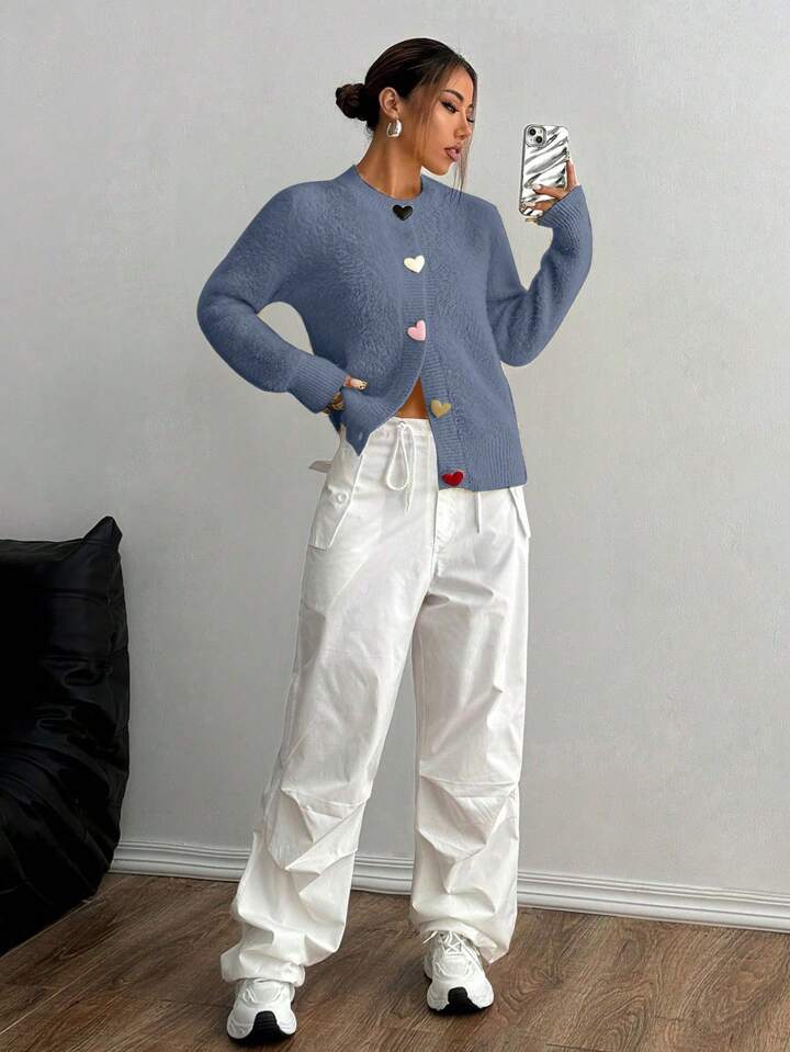 CM-CS115147 Women Casual Seoul Style Colorful Heart Button Front Cardigan - Blue