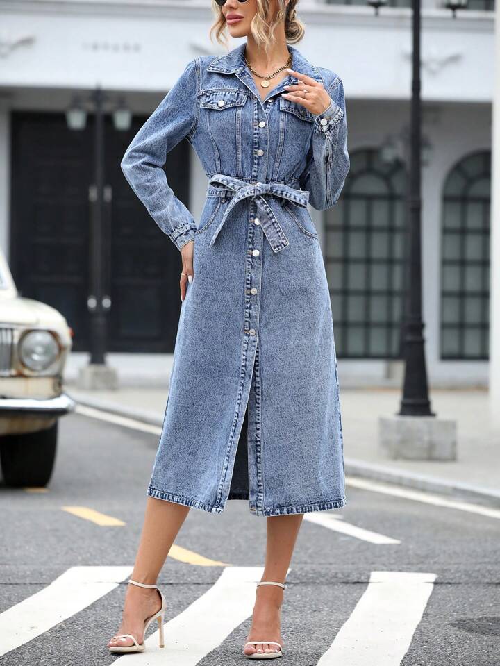 CM-DS564105 Women Casual Seoul Style Light Wash Collar Neckline Fake Pocket-Breasted Belted Denim Dress